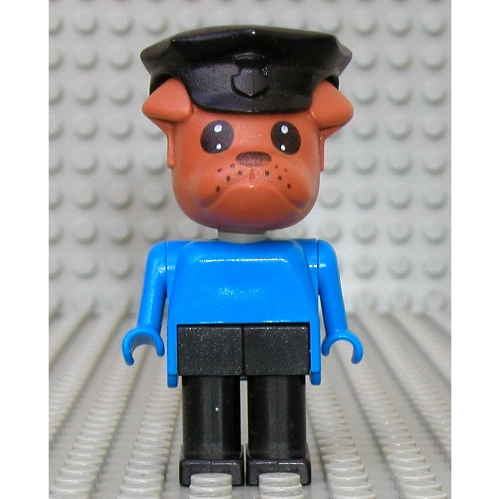 Fabuland Figure Bertie Bulldog with Brown Head, Blue Torso, Arms and Hands, Black Legs and Black Police Hat